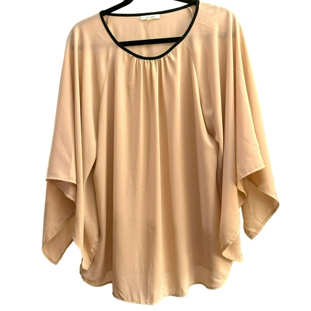 Pleione Women's Blush Black Trim Pull Over Blouse Size XL Wide Sleeve Dress Top